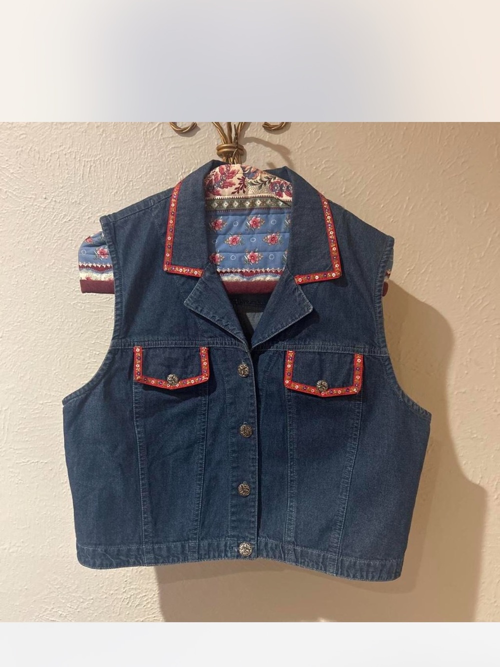 Women’s Dark Blue Denim Vest with Red Embroidered Trim